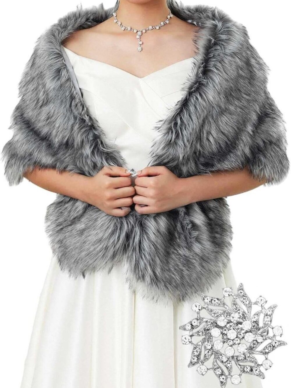 Elegant Wedding Faux Fur Shawl Wrap with Brooch for Bride & Bridesmaids